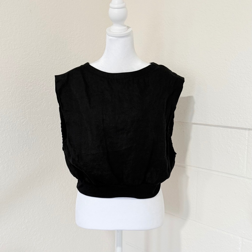 Stillwater Bubble Hem Cropped Tank Top Womens L Black Linen Blend Quiet Luxury